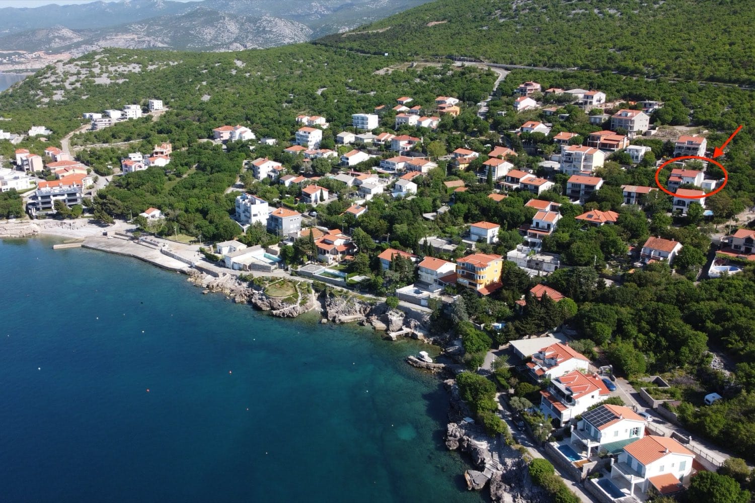 Adriatic Charm Apartments house (circled) from the air, Smokvica Krmpotska